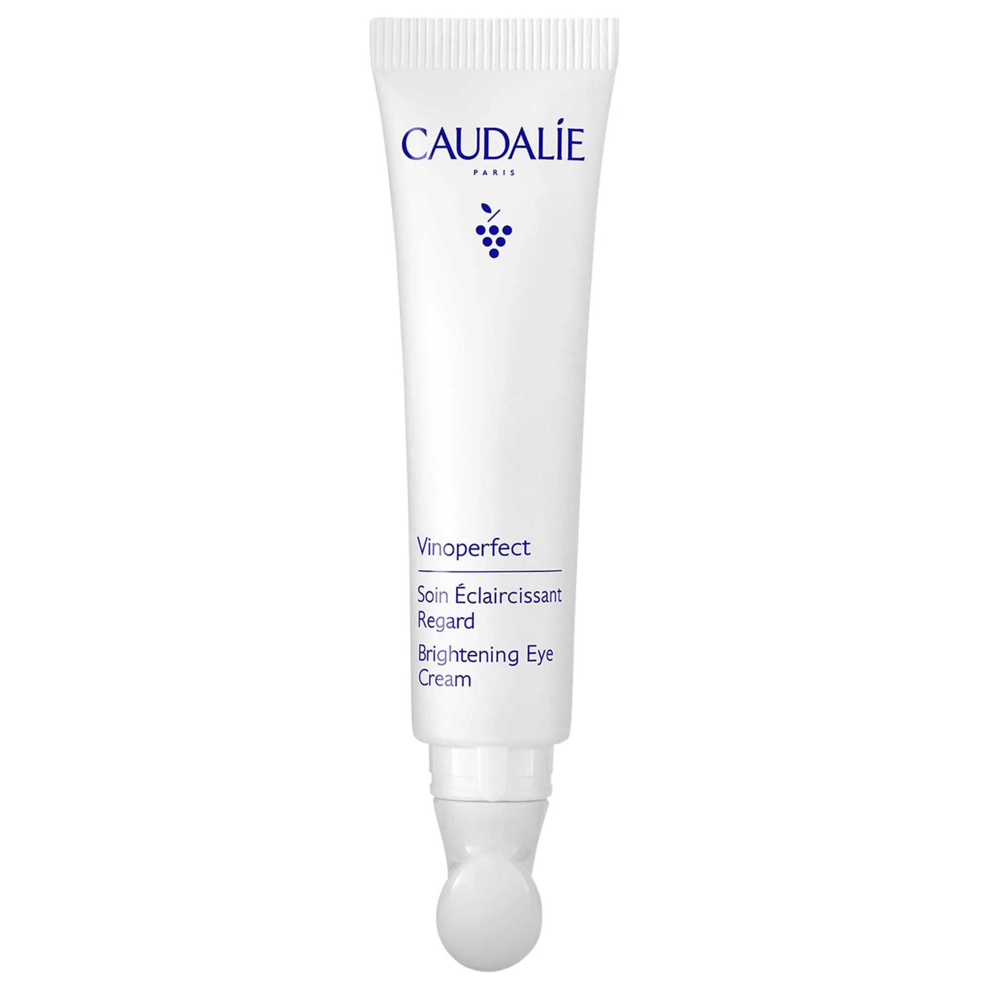 Caudalie Vinoperfect dark-circle eye cream packaging shows fragrance-free formula for sensitive under-eye skin.