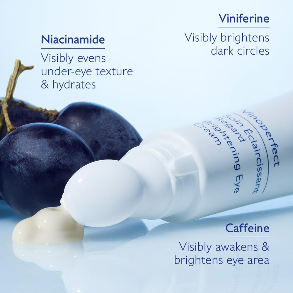 Caudalie Vinoperfect eye cream in inward-outward motion to depuff and smooth lines.