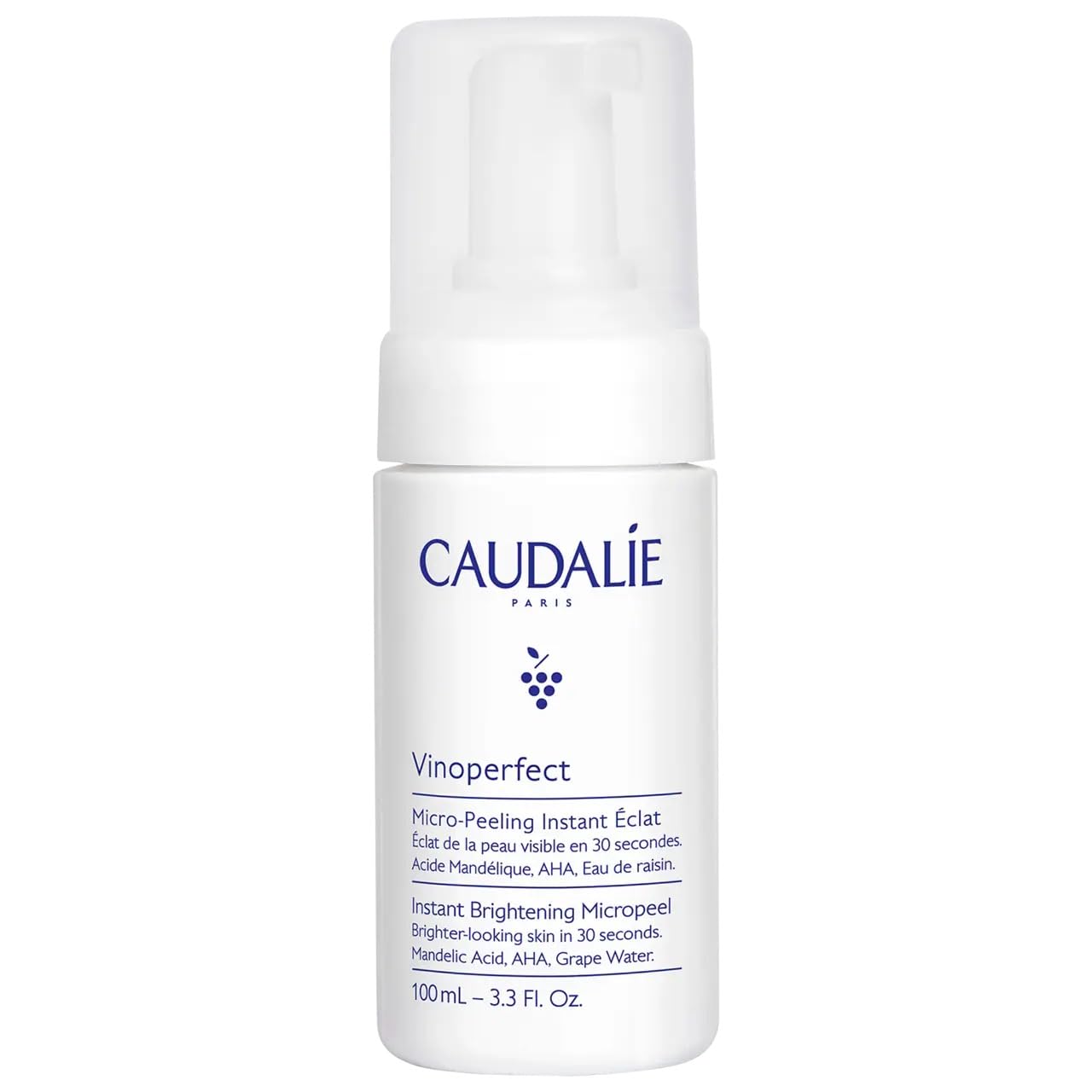 Caudalie Vinoperfect micropeel foam cleanser bottle close-up highlighting gentle exfoliation for brighter skin.