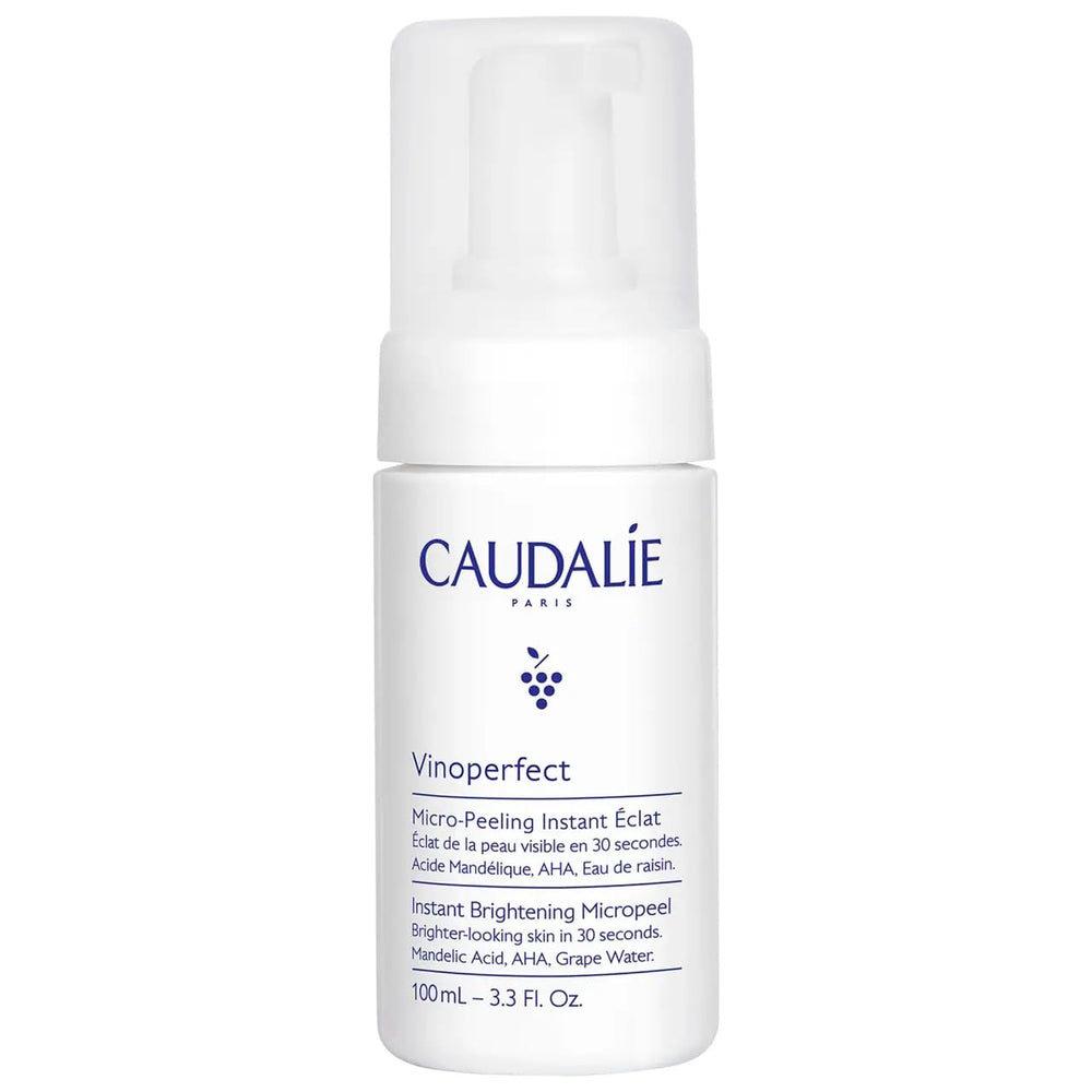 Caudalie Vinoperfect micropeel foam cleanser bottle close-up highlighting gentle exfoliation for brighter skin.