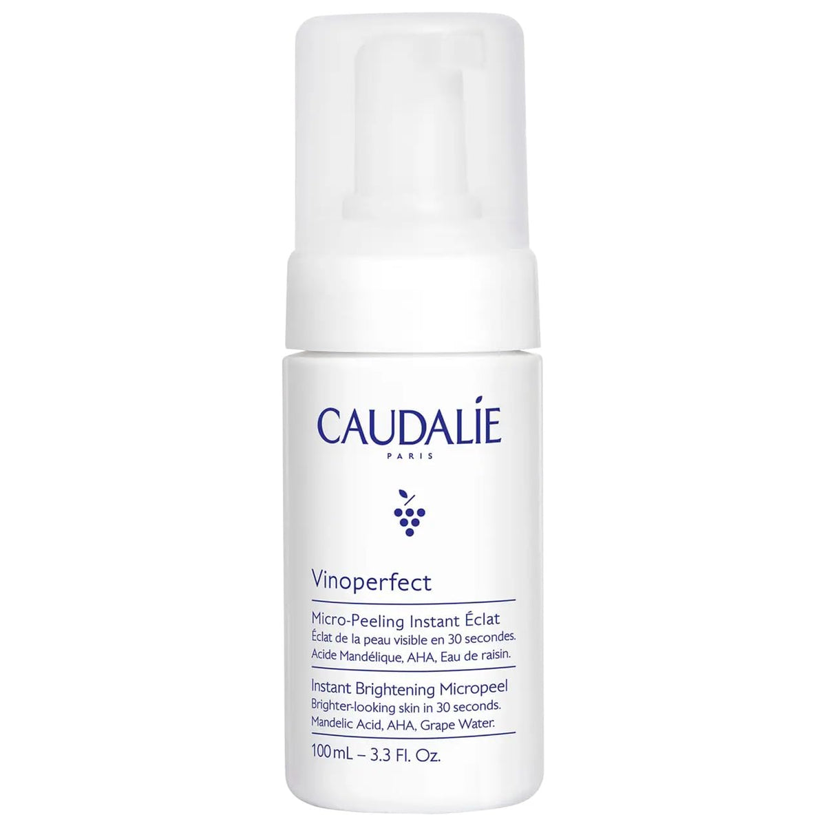 Caudalie Vinoperfect micropeel foam cleanser bottle close-up highlighting gentle exfoliation for brighter skin.