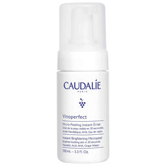 Caudalie Vinoperfect micropeel foam cleanser bottle close-up highlighting gentle exfoliation for brighter skin.