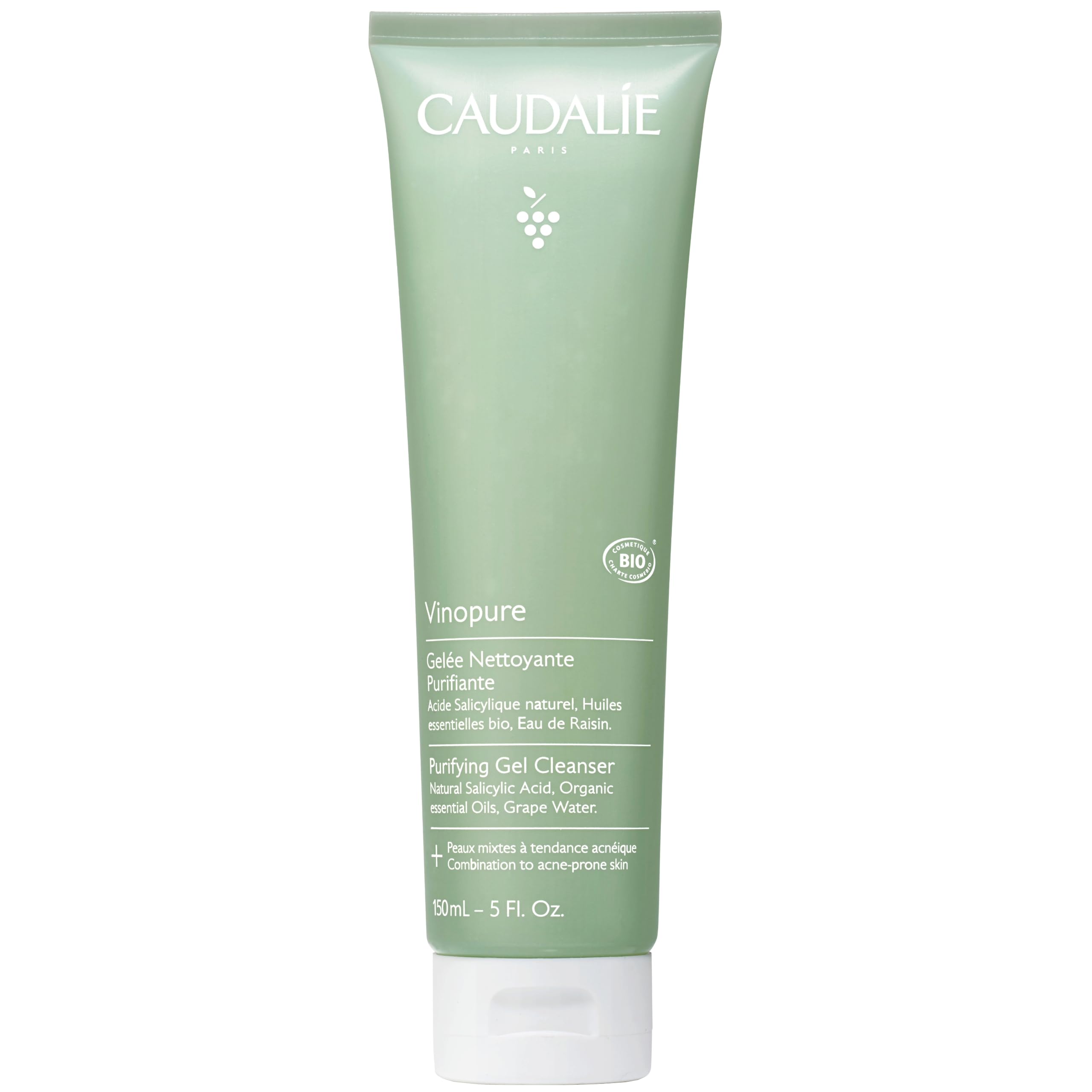 Caudalie Vinopure cleanser bottle closeup highlights pore-purifying gel texture for clear skin.