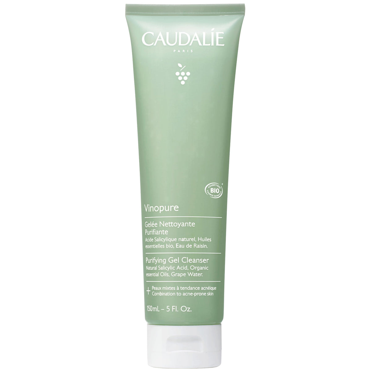 Caudalie Vinopure cleanser bottle closeup highlights pore-purifying gel texture for clear skin.