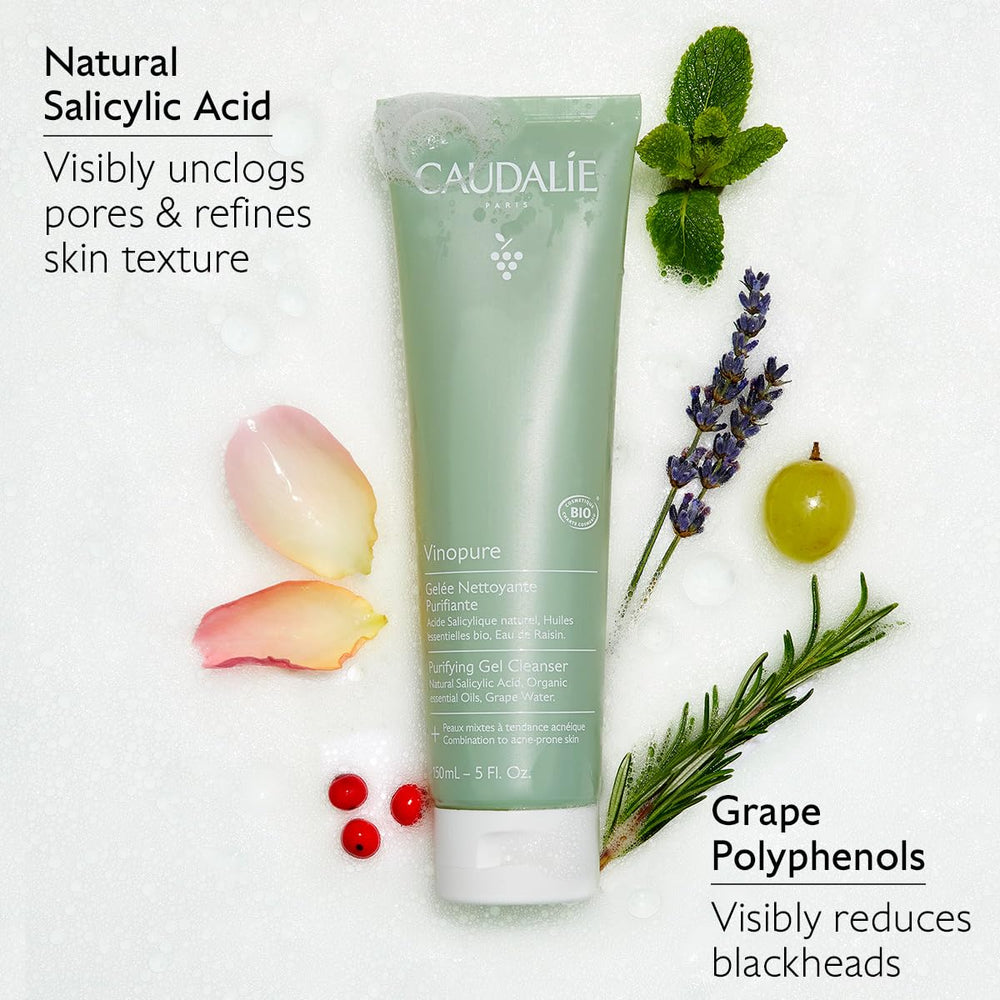 Caudalie Vinopure grapeseed polyphenols shot highlights antioxidant protection.