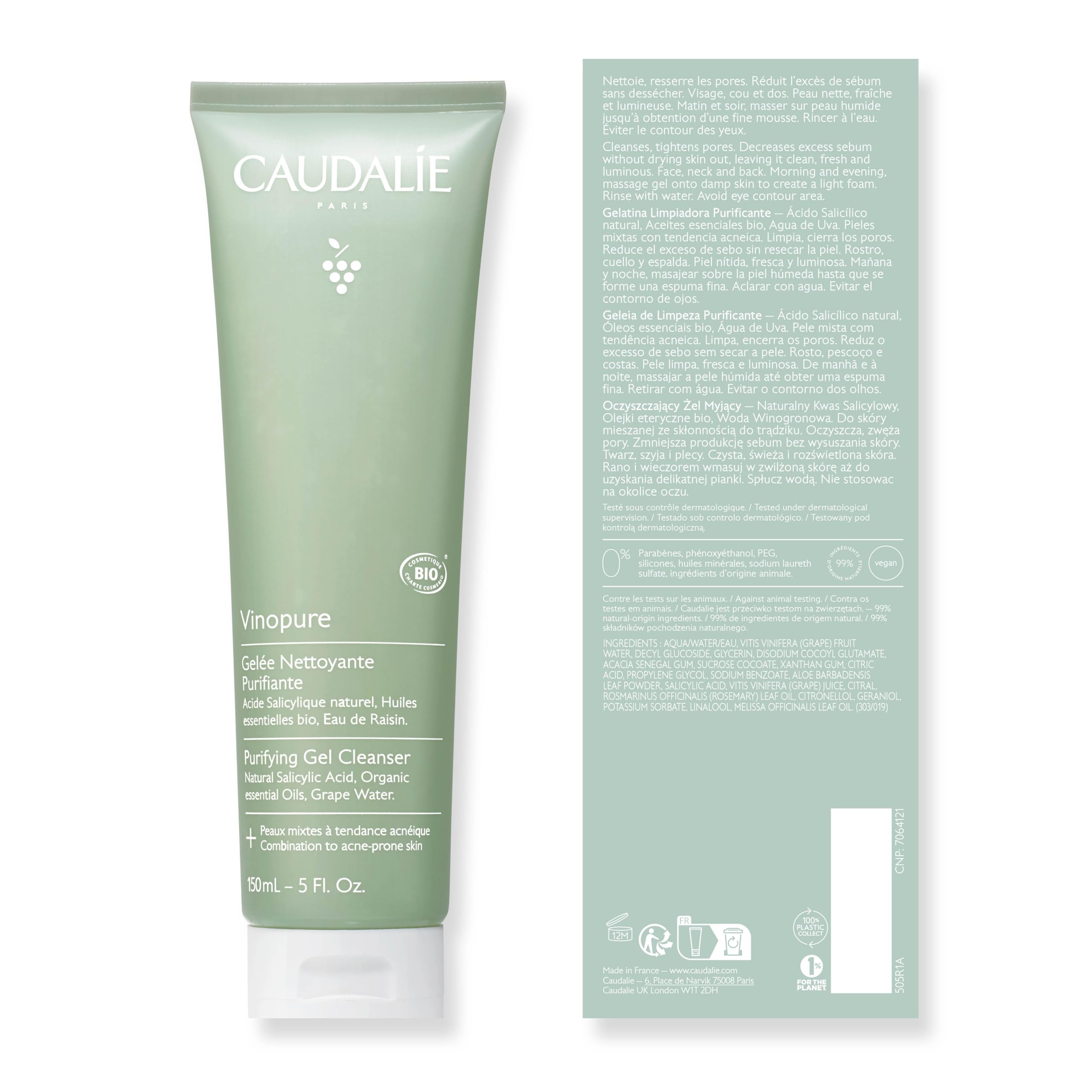 Caudalie Vinopure packaging shot emphasizes clean, soap-free formula and premium design.