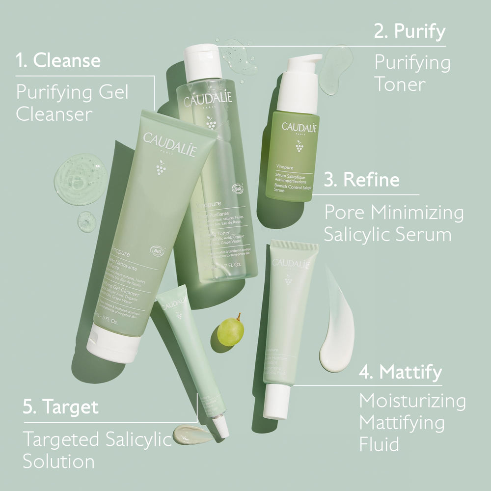 Caudalie Vinopure oil-control benefit through a texture-focused image.