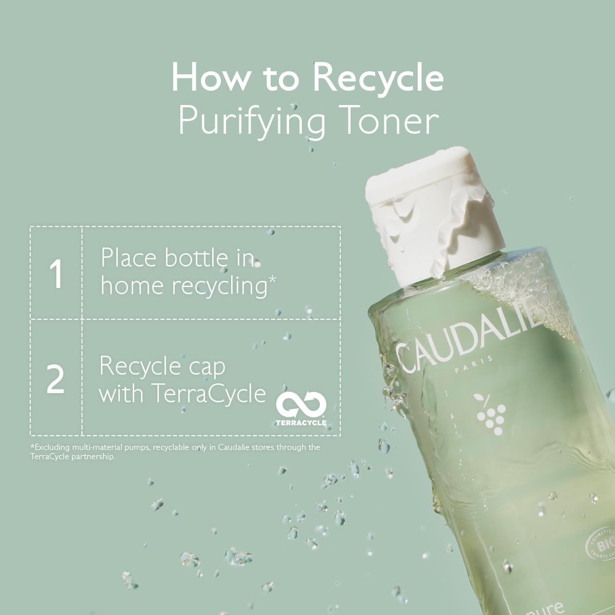 Caudalie Vinopure toner bottle label visible, hinting at purified pores.