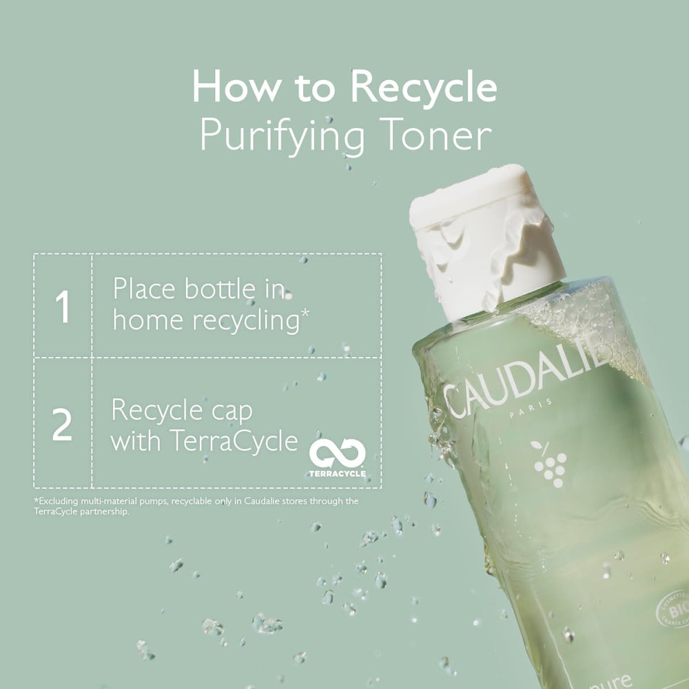 Caudalie Vinopure toner bottle label visible, hinting at purified pores.