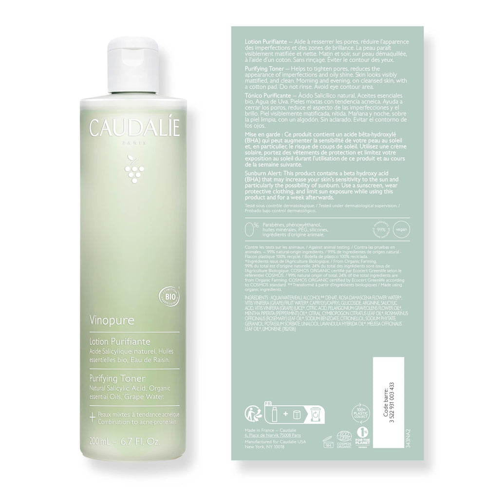 Caudalie Vinopure toner in morning routine promoting matte, fresh complexion.