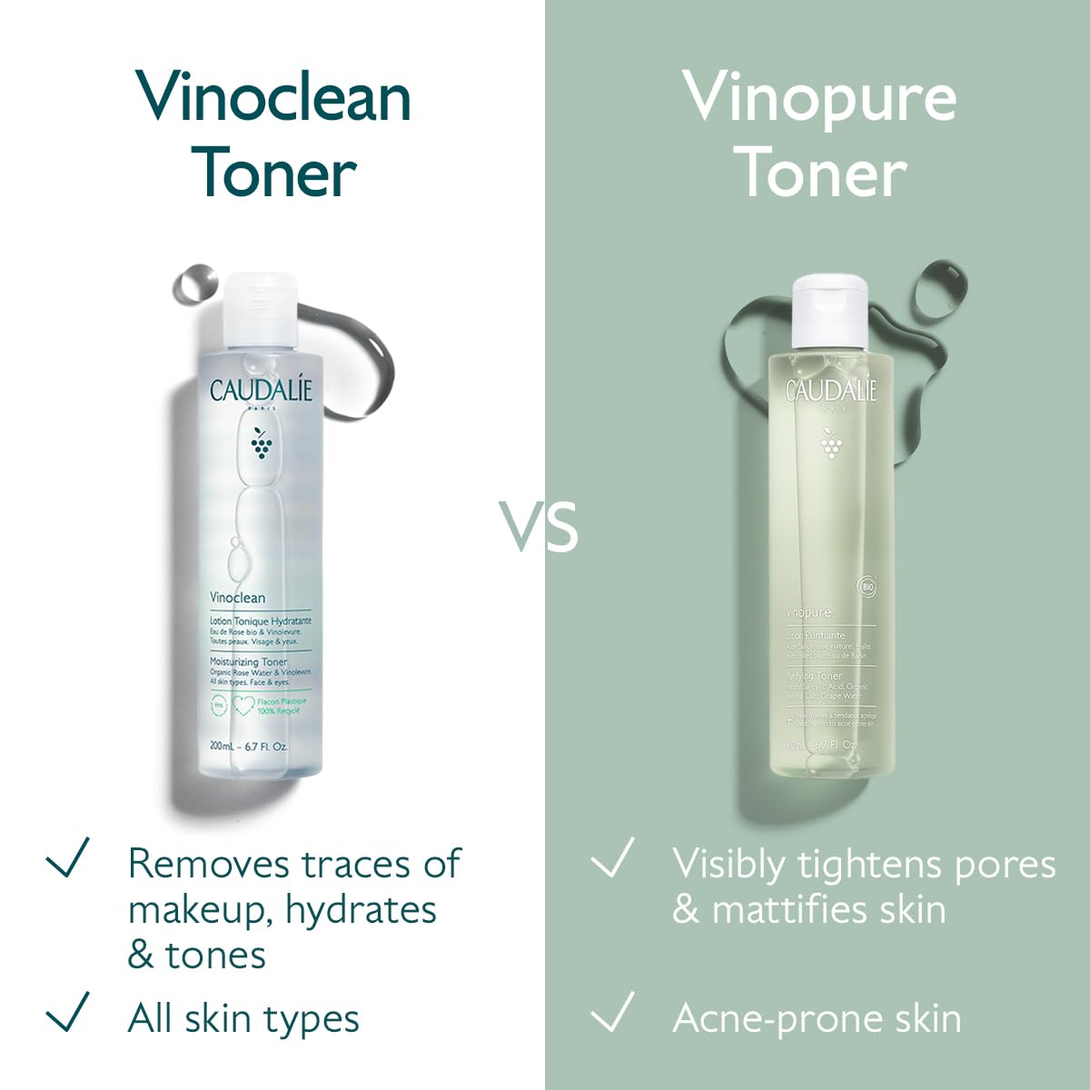 Caudalie Vinopure toner poured onto cotton pad for gentle exfoliation.