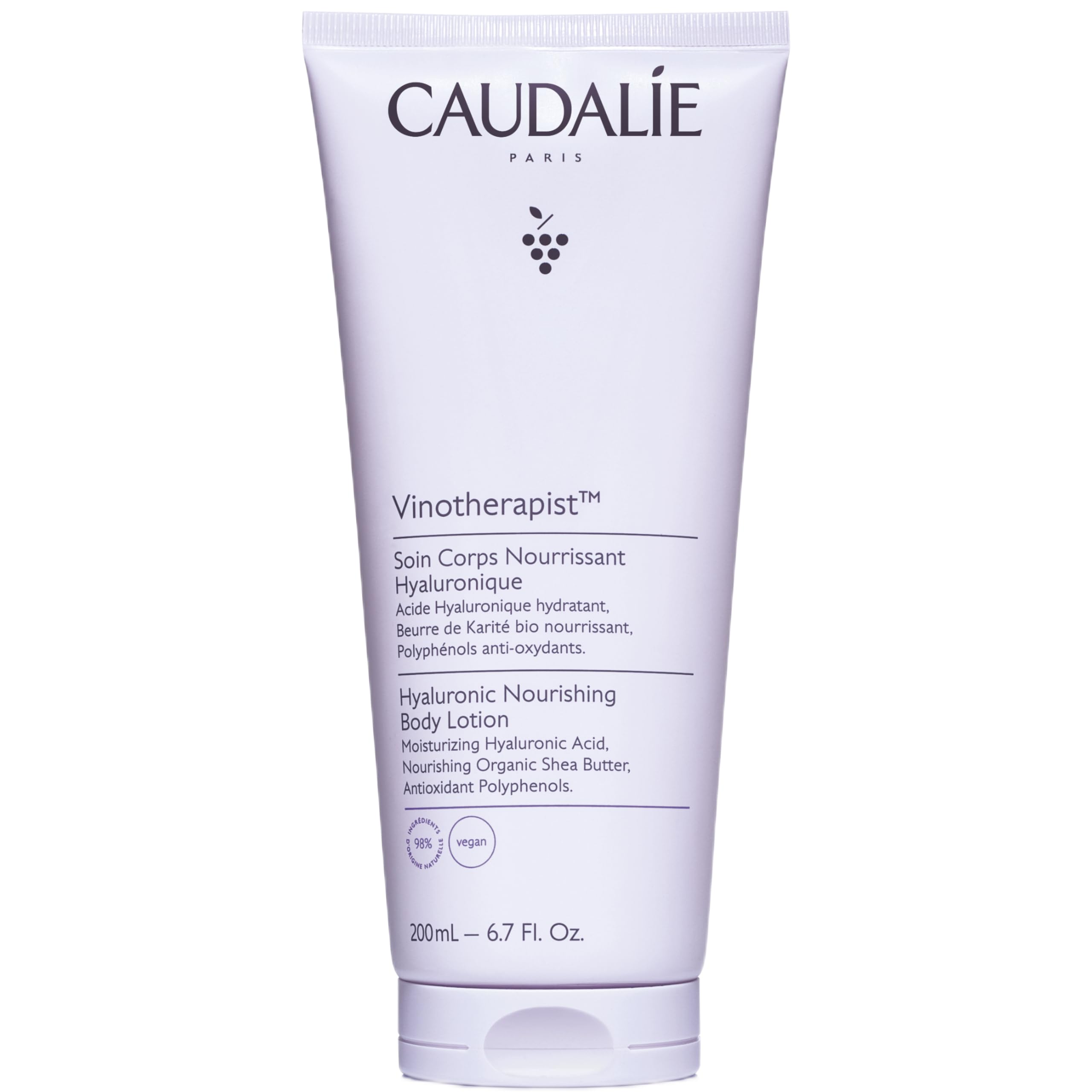 Caudalie Vinotherapist Hyaluronic Acid Nourishing Body Lotion bottle shows quick-absorption hydration.