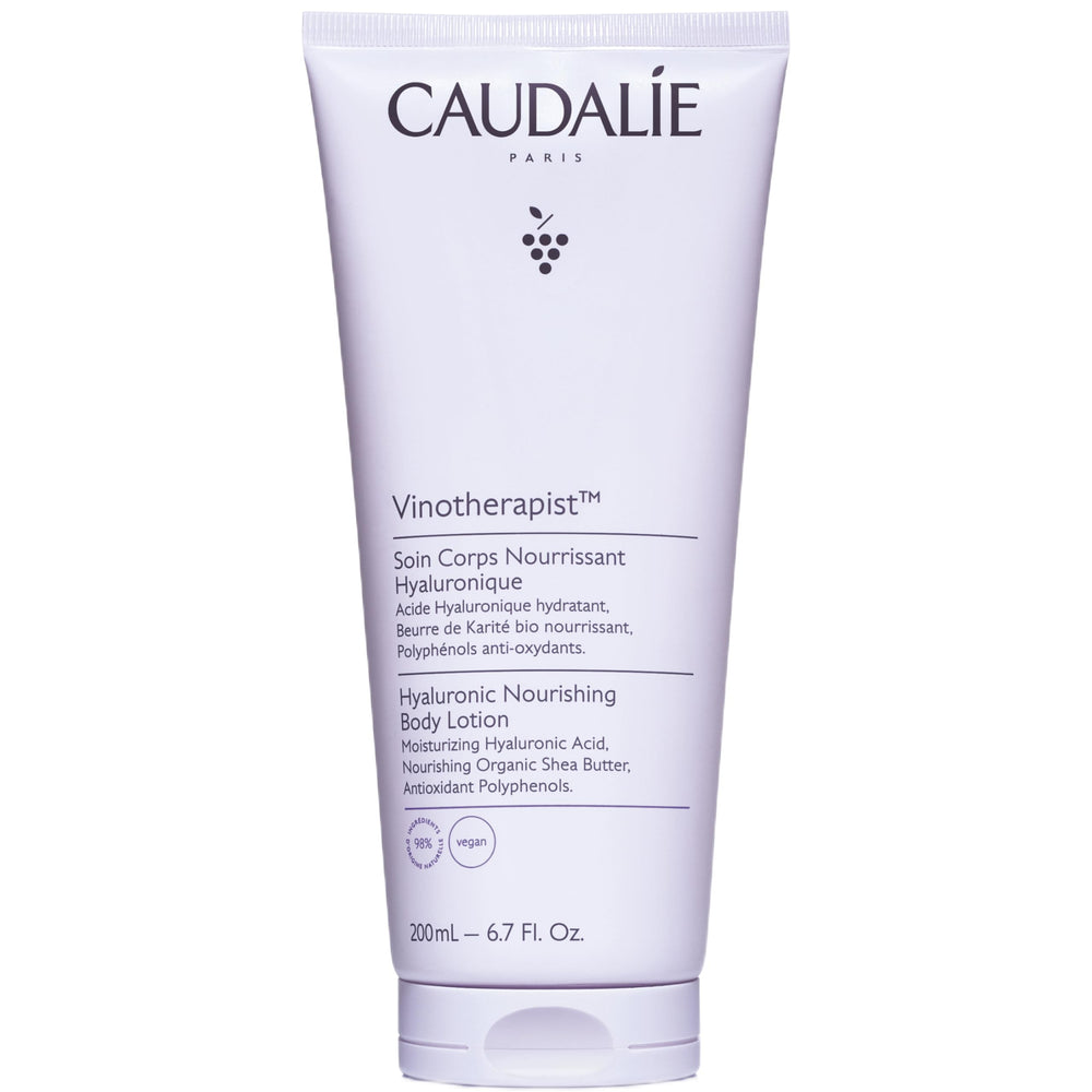 Caudalie Vinotherapist Hyaluronic Acid Nourishing Body Lotion bottle shows quick-absorption hydration.