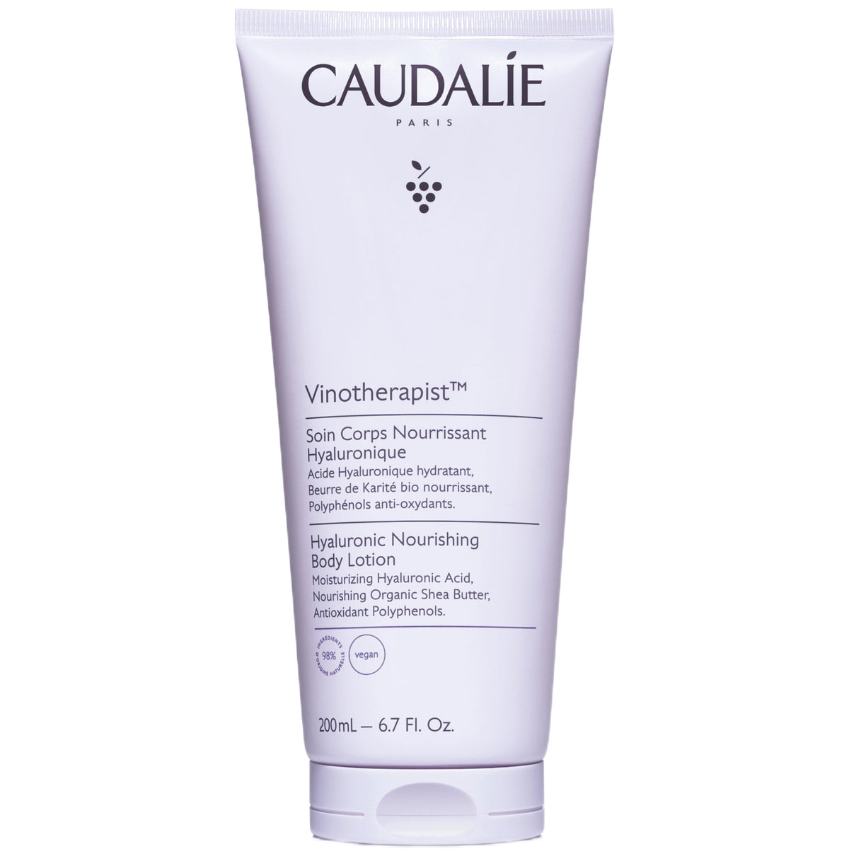 Caudalie Vinotherapist Hyaluronic Acid Nourishing Body Lotion bottle shows quick-absorption hydration.
