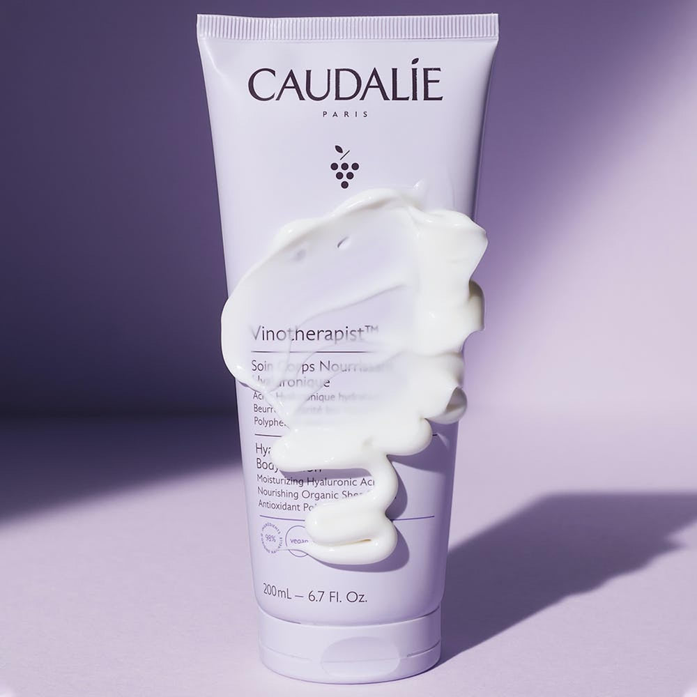 Caudalie Vinotherapist lotion texture swatch conveys delicate scent and refreshing finish.