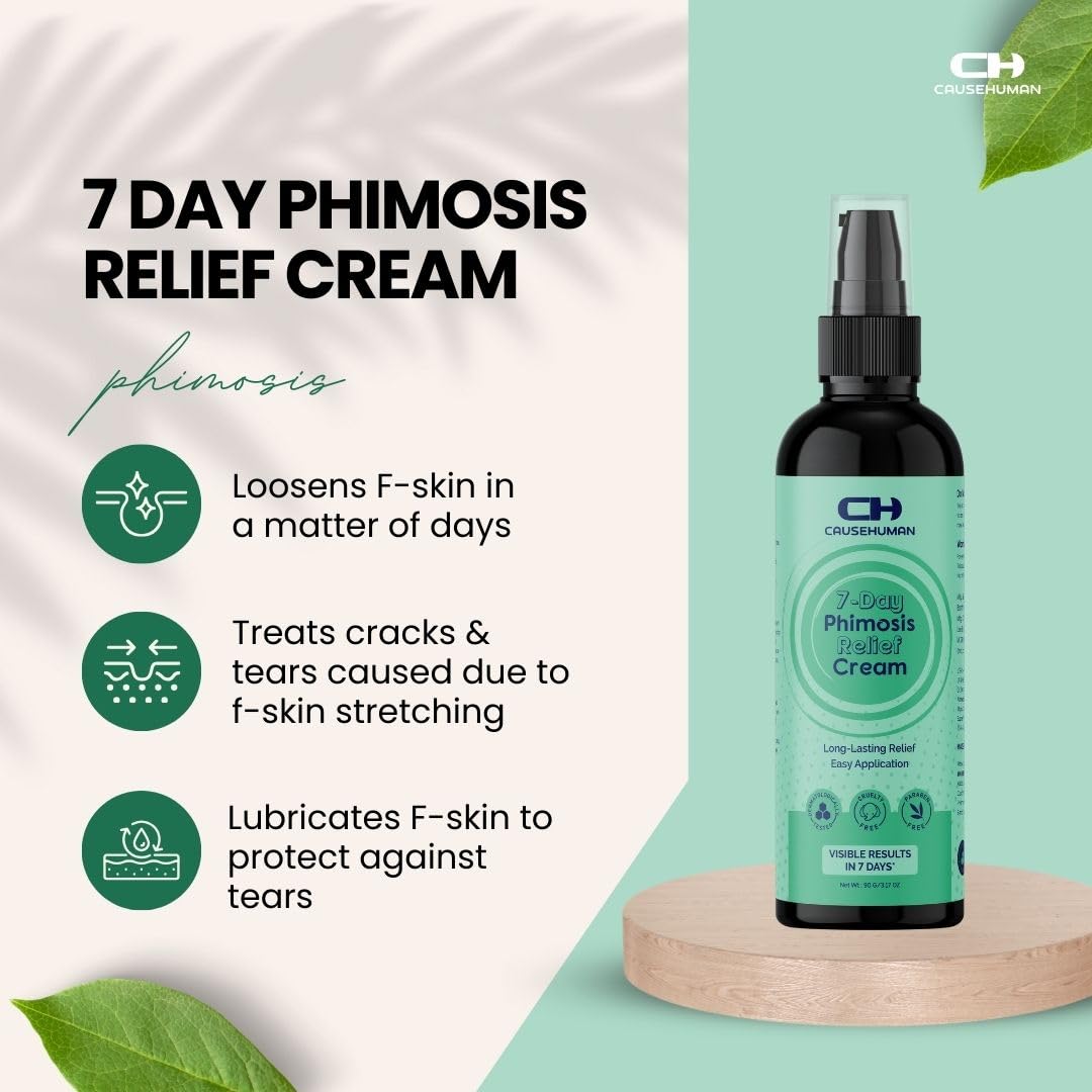 Cause Human 7-Day Phimosis Cream packaging highlights steroid-free formula.
