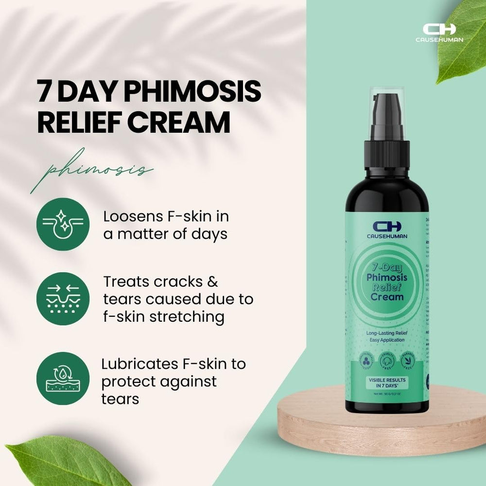 Cause Human 7-Day Phimosis Cream packaging highlights steroid-free formula.