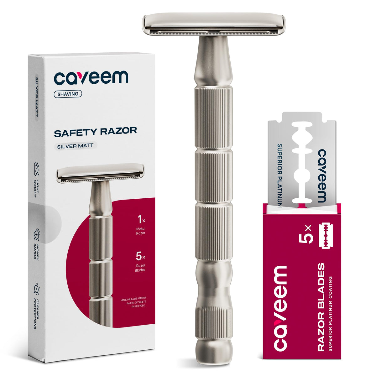 CAVEEM double-edge razor package shows durable metal construction for lasting use.