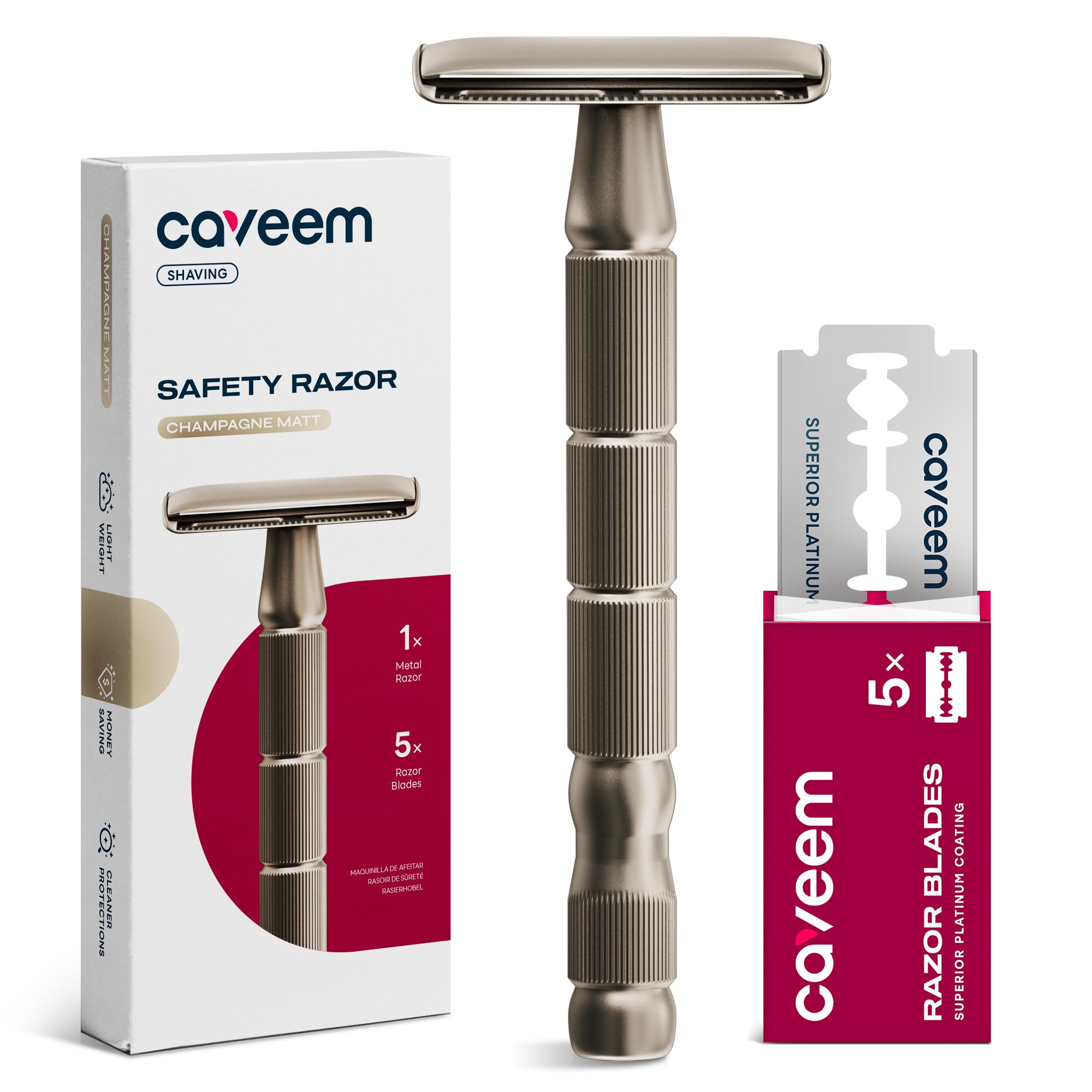 CAVEEM Double-Edge Safety Razor champagne-matt handle offers durable grooming safety