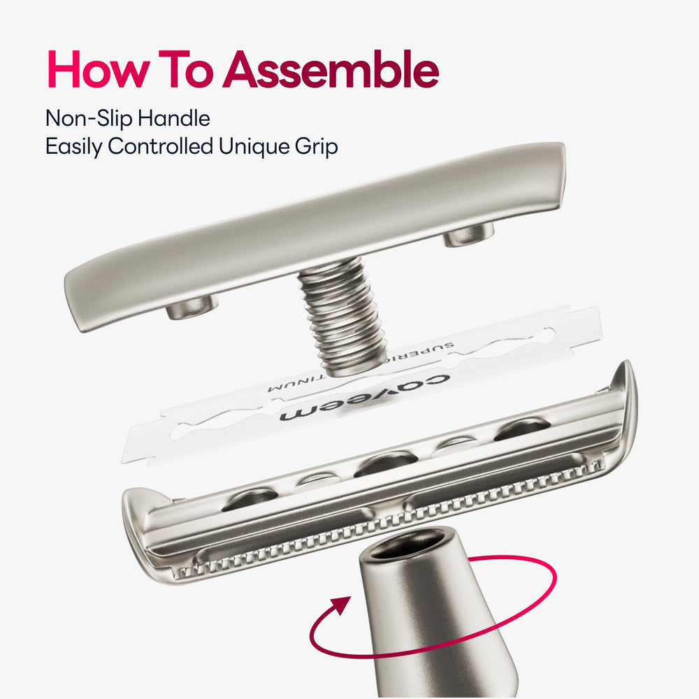 CAVEEM razor angled for a beginner-friendly 30-degree shave.