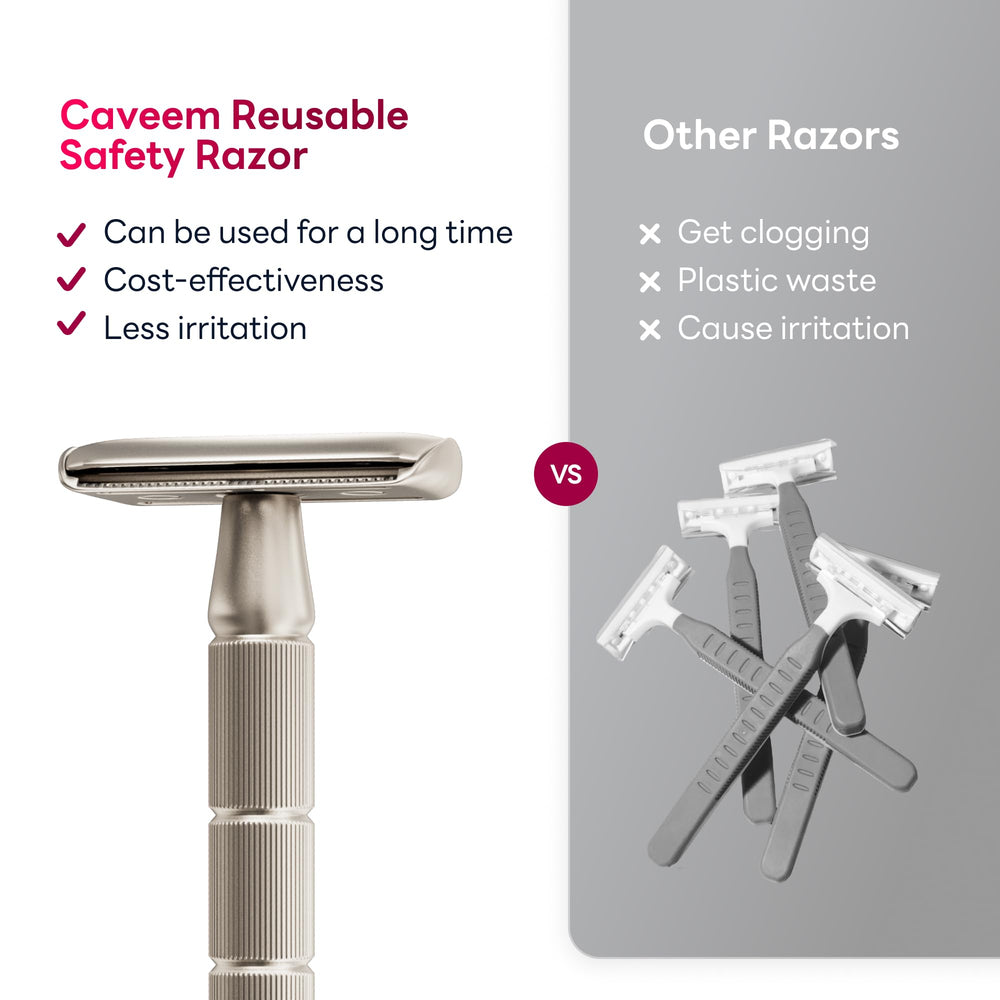 CAVEEM reusable metal razor emphasizes eco-friendly, long-lasting grooming.