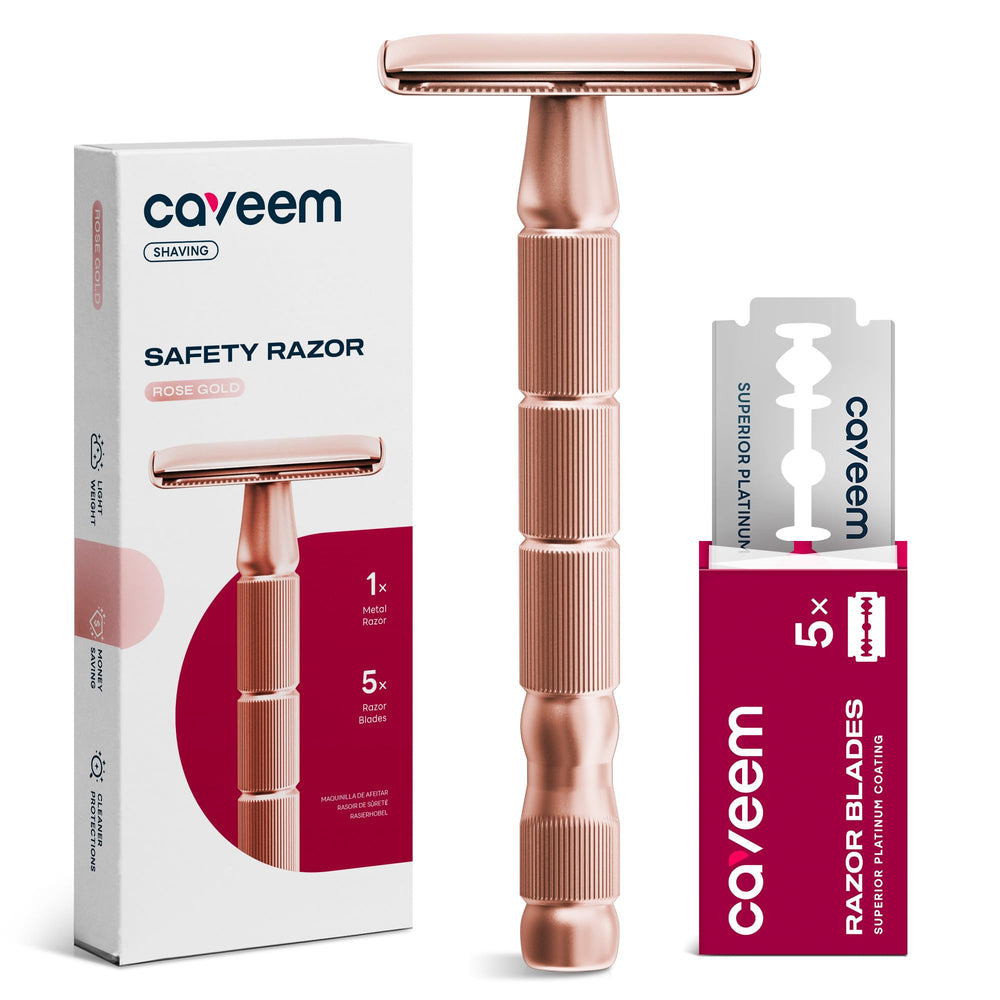 CAVEEM Rose Gold double-edge razor close-up showcases textured handle for comfortable, precise shaving.