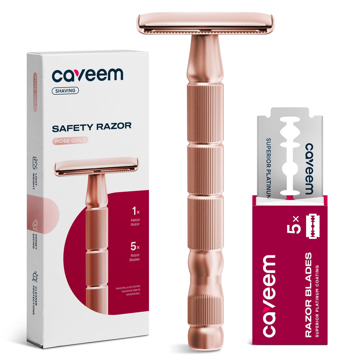 CAVEEM Rose Gold double-edge razor close-up showcases textured handle for comfortable, precise shaving.