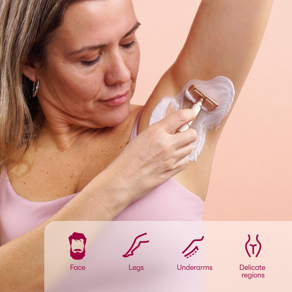 CAVEEM rose-gold razor in use demonstrates gentle, precise single-blade shaving for both genders.