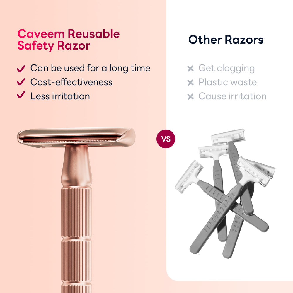 CAVEEM rose-gold razor shown with travel pouch for on-the-go grooming.