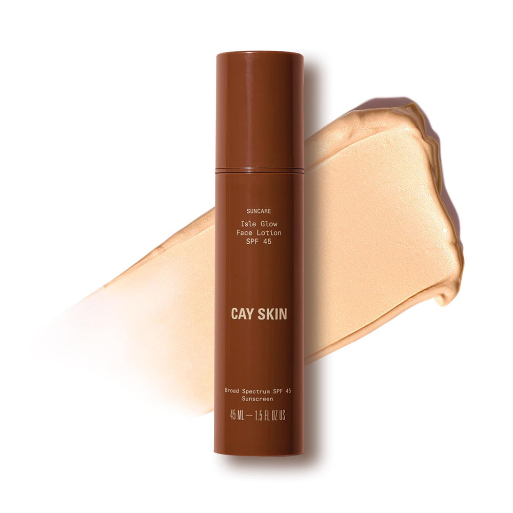 Cay Skin Isle Glow moisturizer bottle with pearlescent finish for a radiant, dewy look.