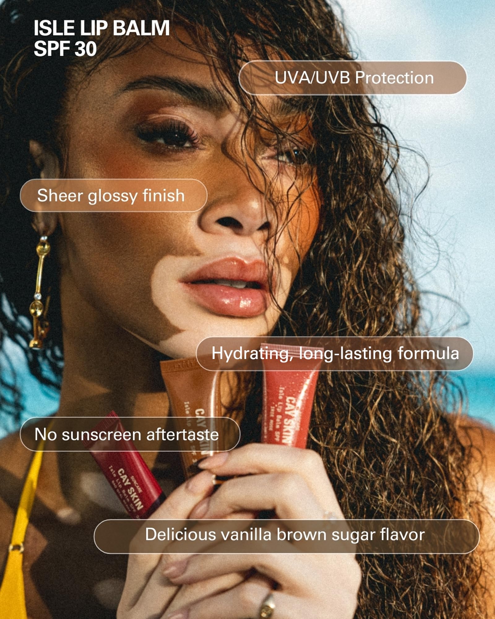 Cay Skin Isle Lip Balm SPF 30 gloss application on lips for shine