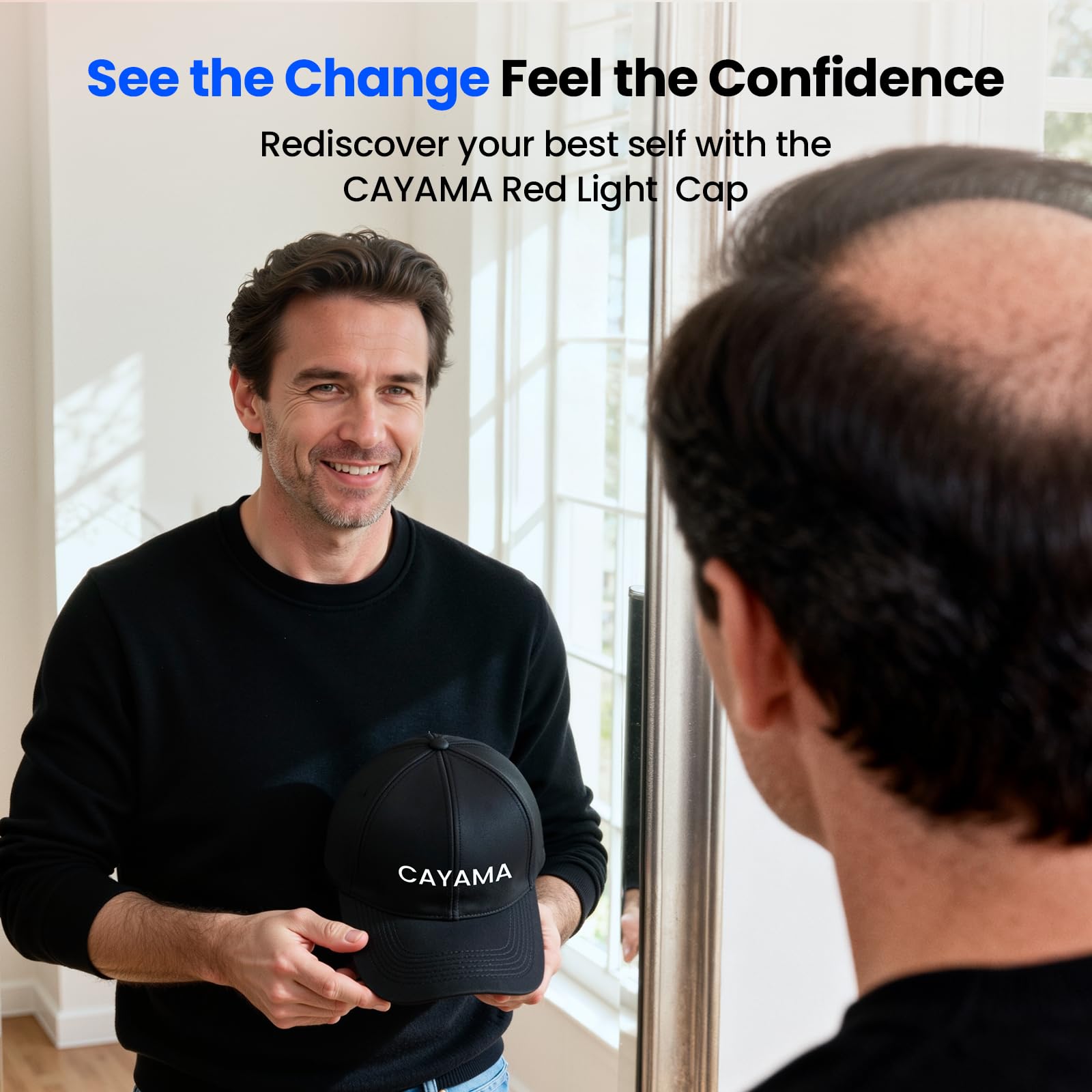 CAYAMA Red Light Cap worn on head, comfortable fit for daily therapy.