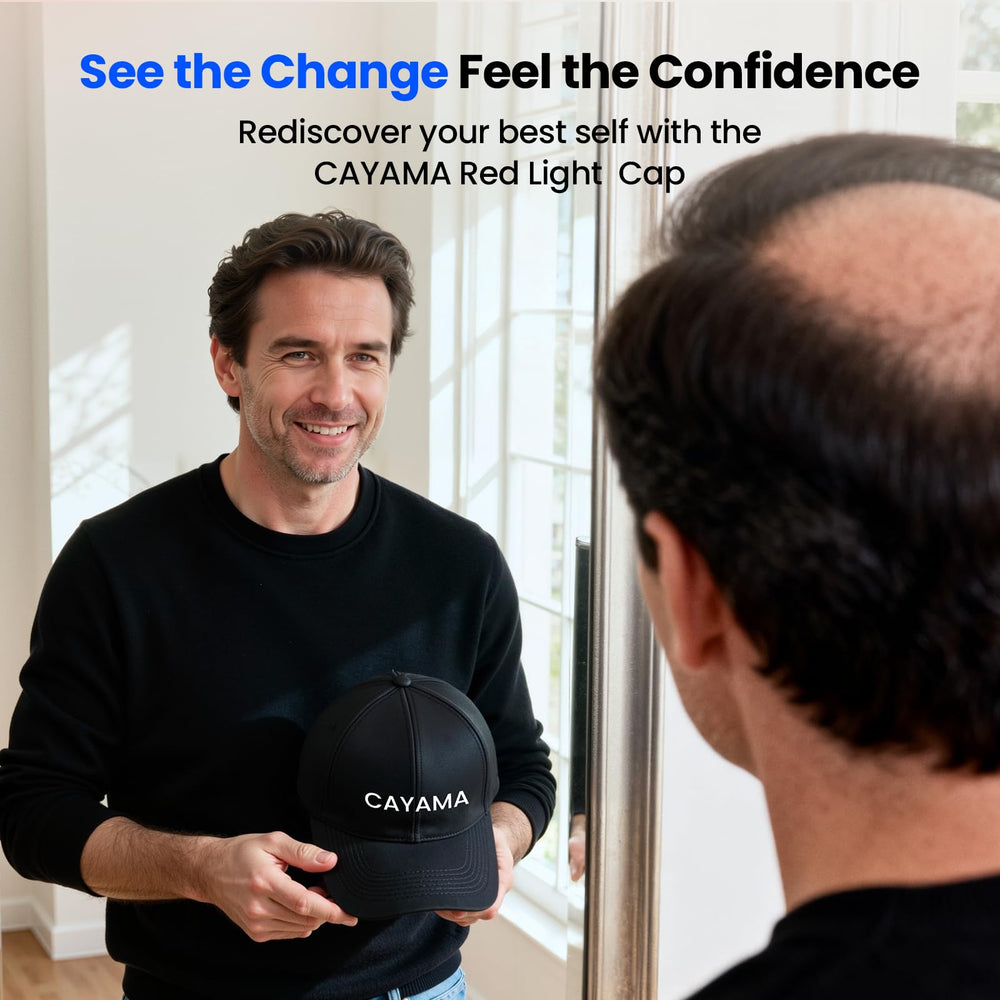 CAYAMA Red Light Cap worn on head, comfortable fit for daily therapy.