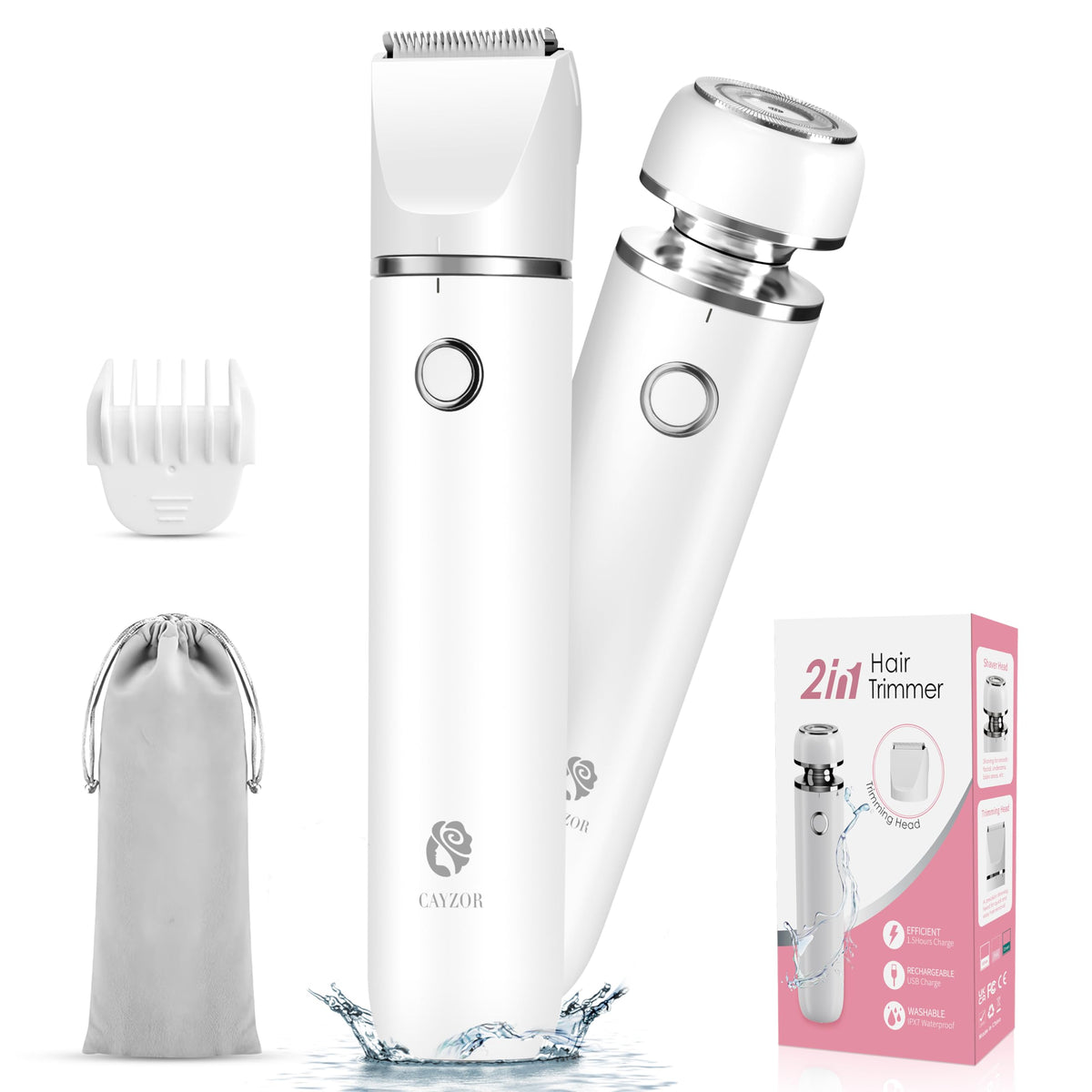 Cayzor bikini trimmer front view in white for quick, portable grooming on the go.