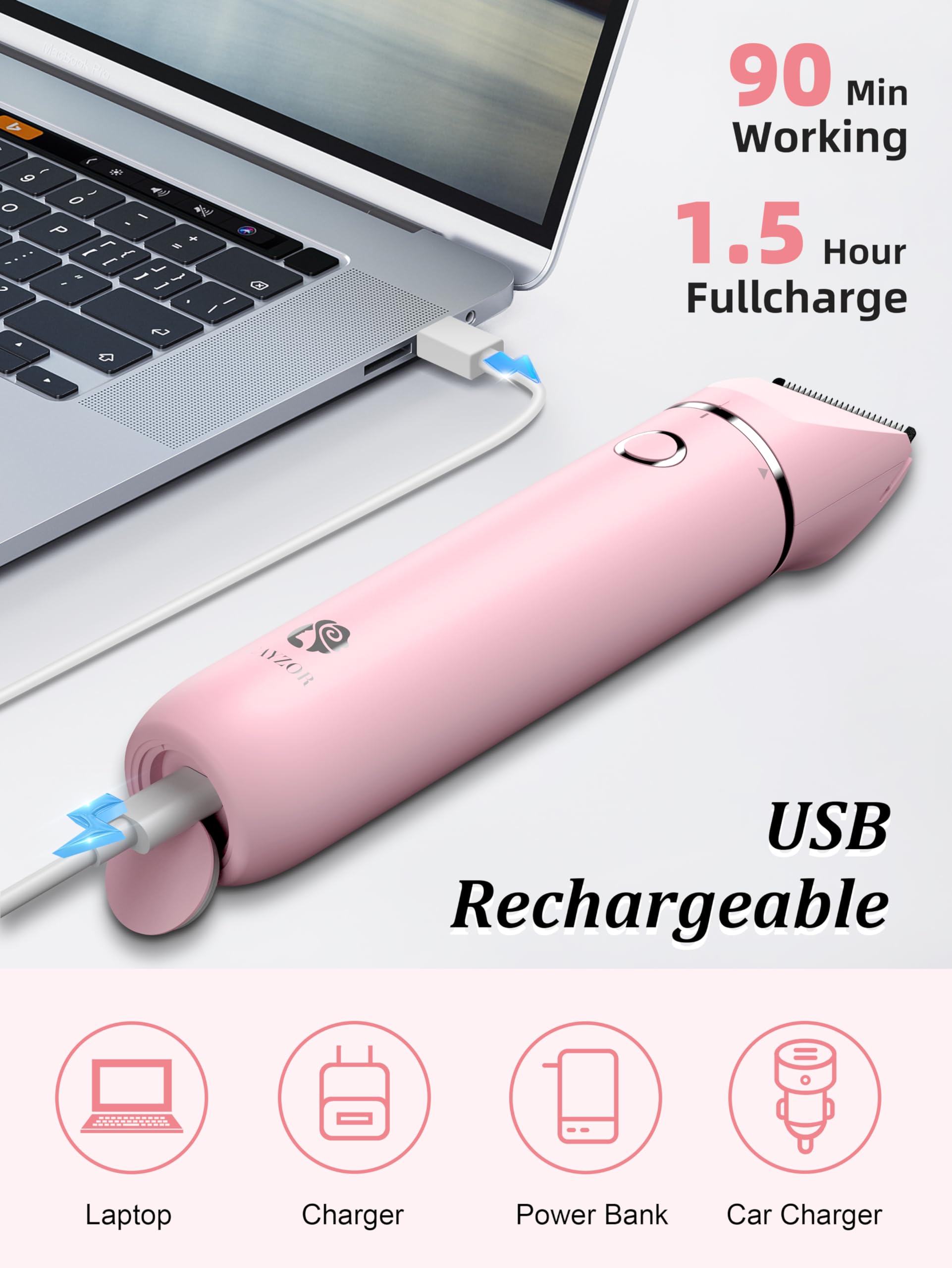 Cayzor Bikini Trimmer USB charging port for quick power on the go.
