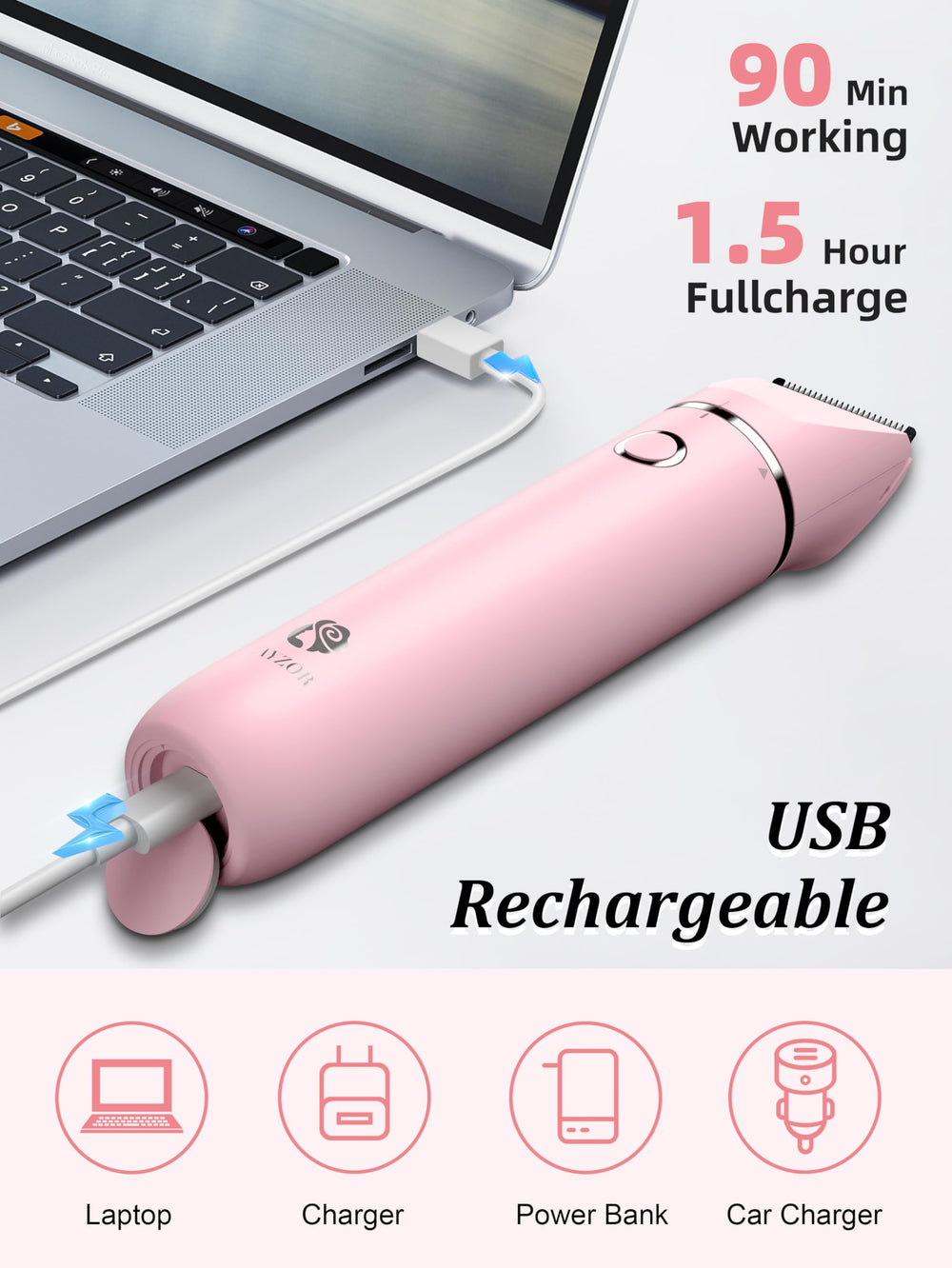 Cayzor Bikini Trimmer USB charging port for quick power on the go.