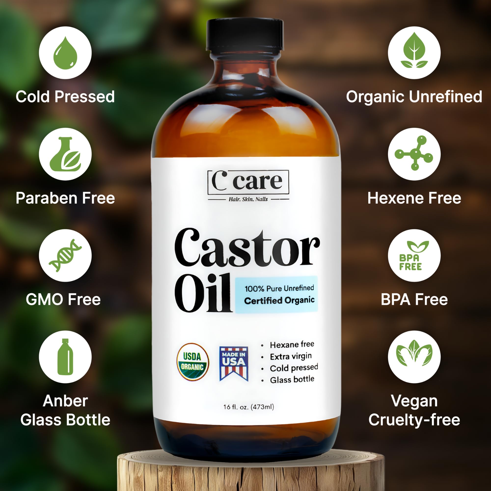 Amber bottle with C CARE label highlighting USDA organic certification