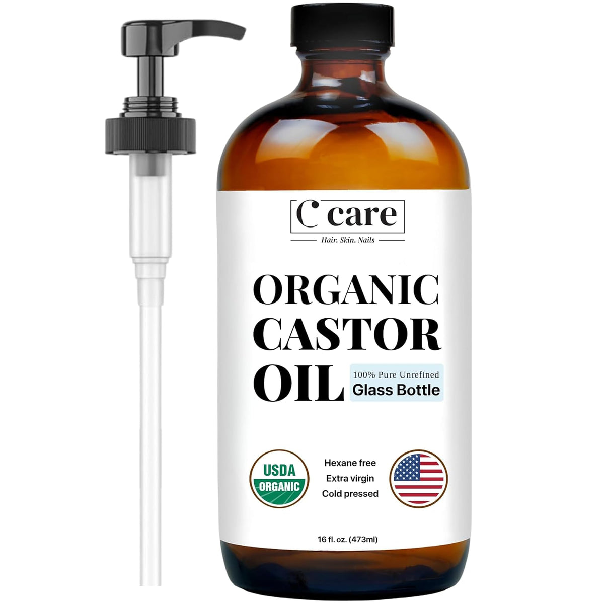 C CARE castor oil in amber glass bottle with pump for easy dispensing