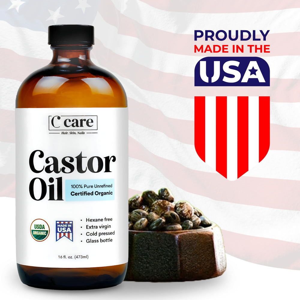 C CARE castor oil applied to hair care scalp area for conditioning