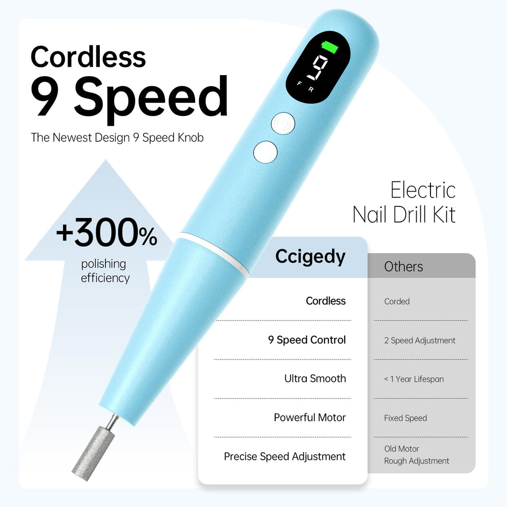 Ccigedy 9-speed control and dual rotation directions for versatile nail work.