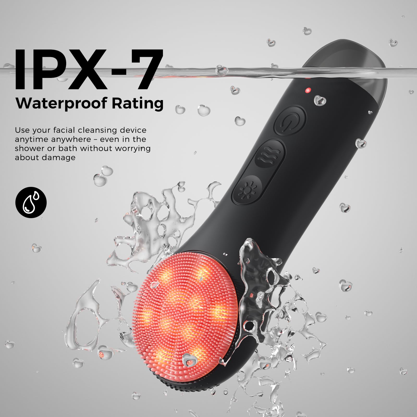 Ccigedy facial cleansing brush IPX7 waterproof for shower-safe use.