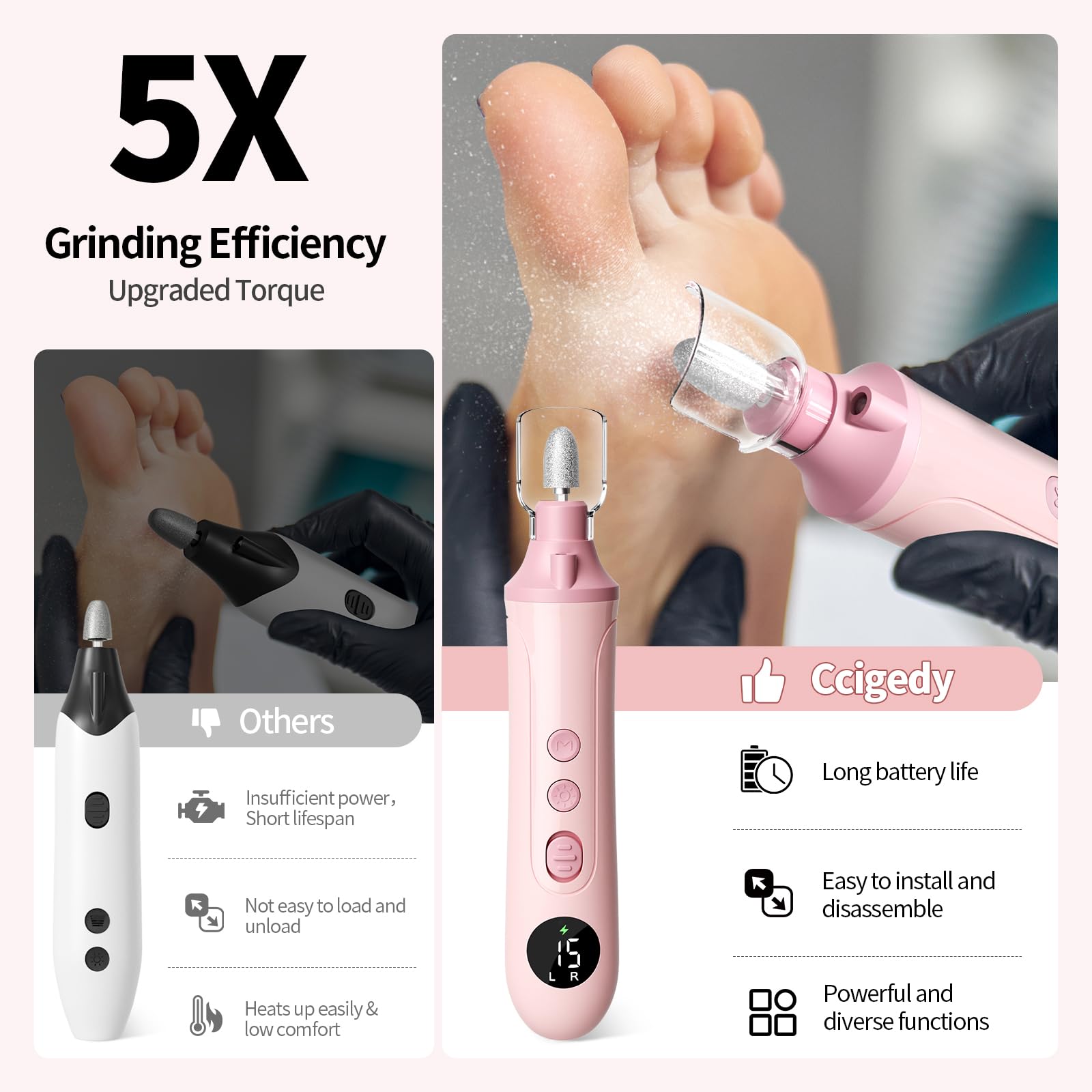Ccigedy LED display 15-speed nail grinder shows speed for precise shaping.
