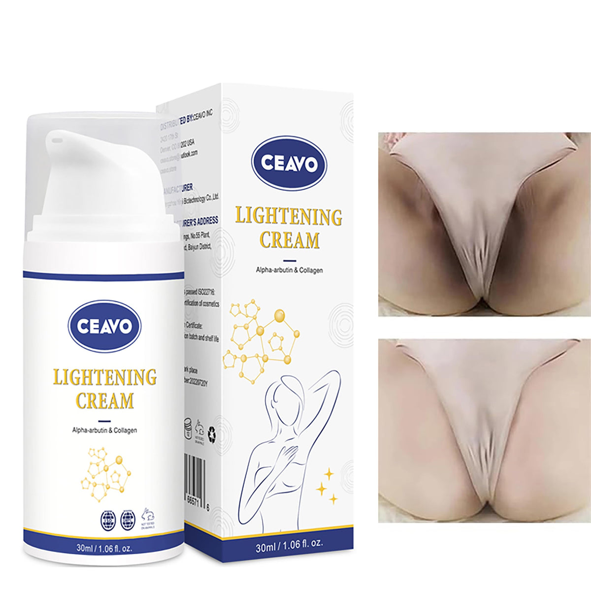 Ceavo skin-lightening-cream for dark intimate areas shows even skin tone during application.