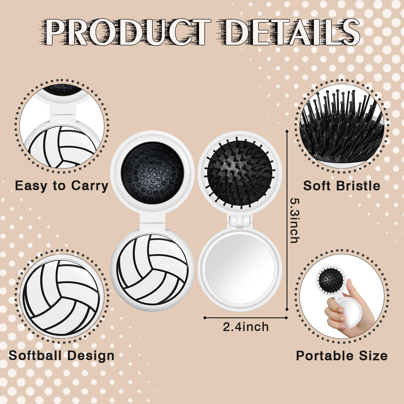 Cecnamt volleyball mini detangler brush travel-ready with mirror for on-the-go touch-ups.
