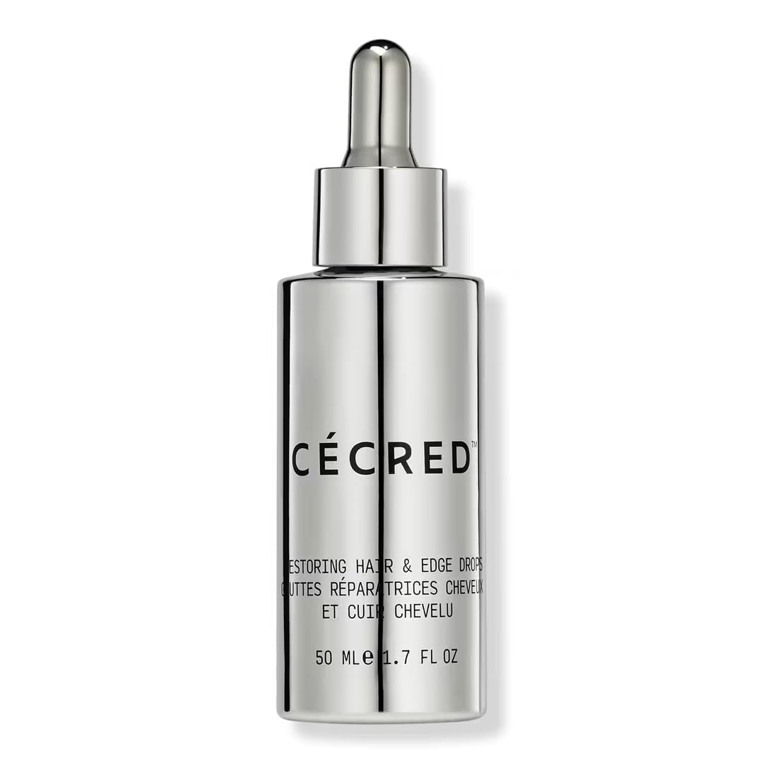 Cécred Restoring Hair & Edge Drops bottle demonstrates daily serum for fuller-looking hair and healthier roots.