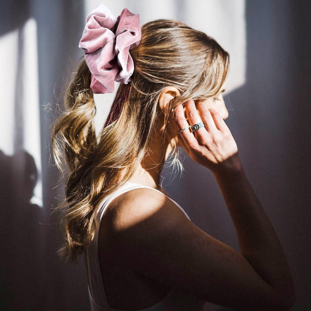CEELGON blue velvet scrunchie for casual to dressy styles.