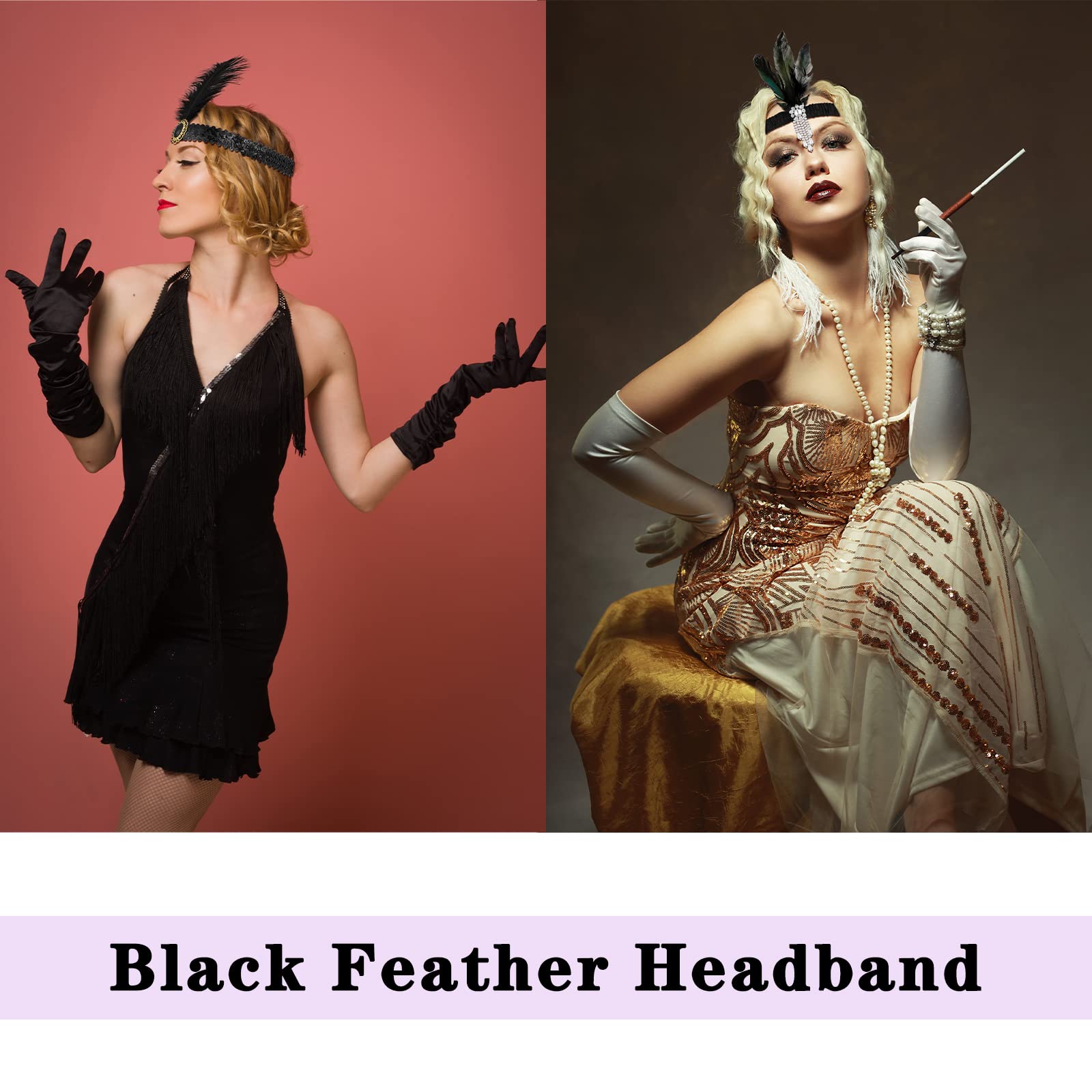 Ceenna flapper headband worn on head to display dramatic feather flair