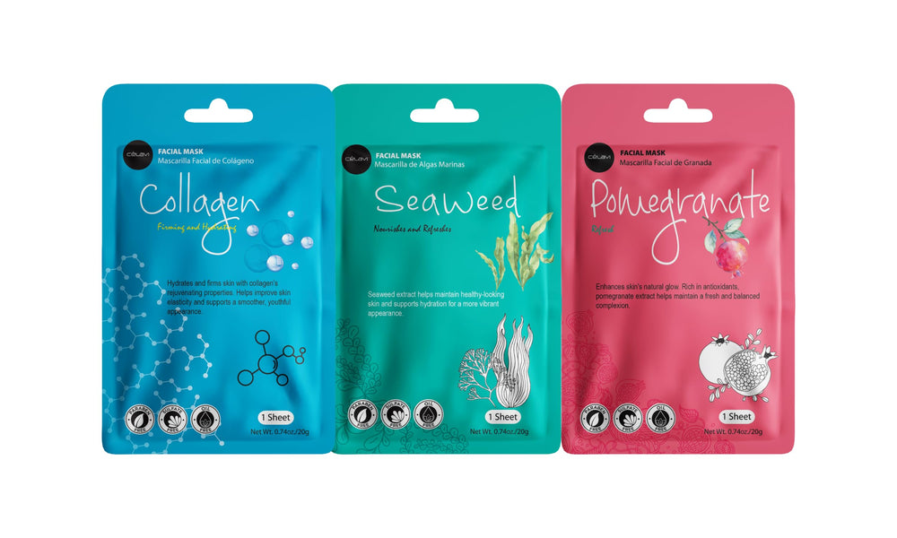 Celavi essence mask classic collection closeup emphasizes serum-infused texture.