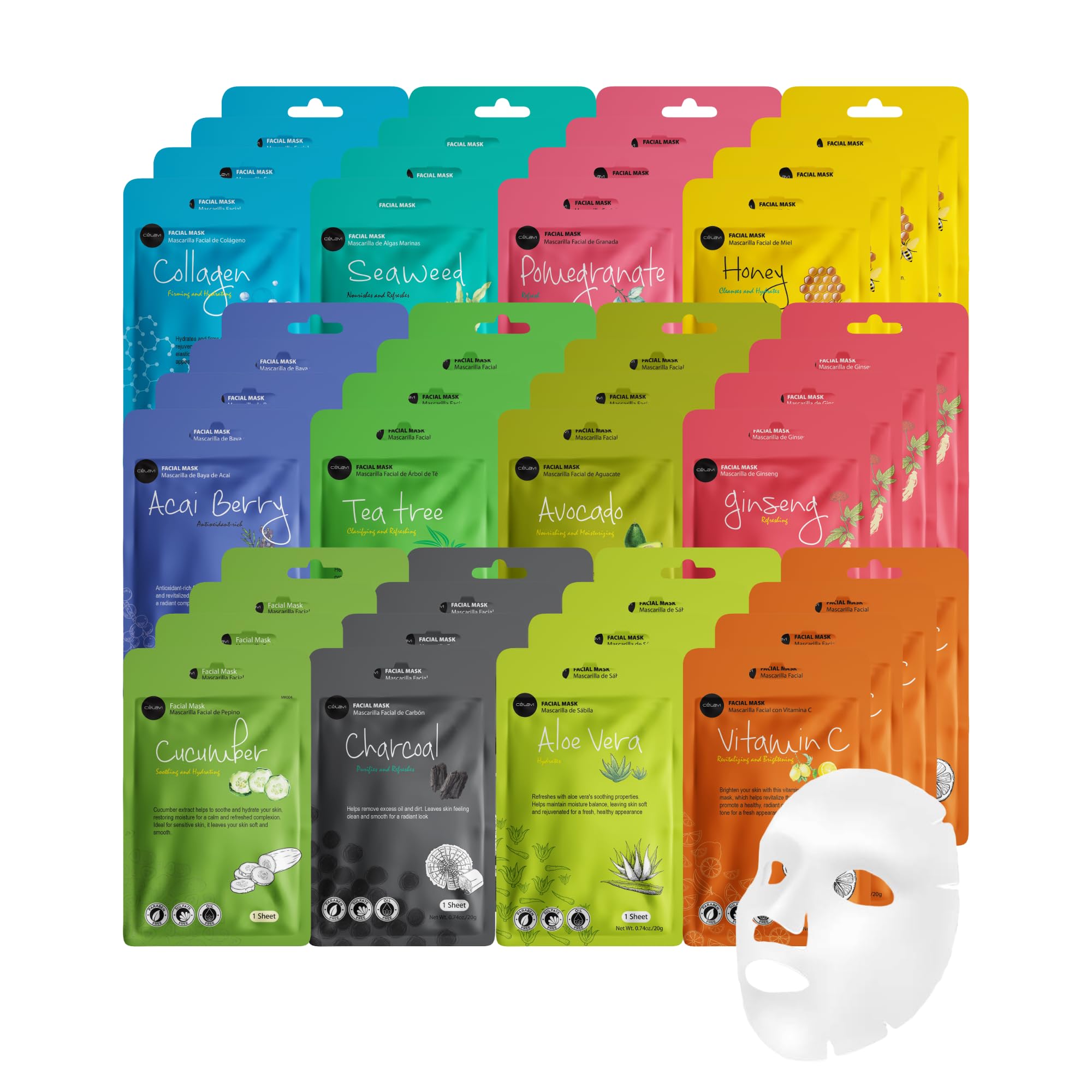 Celavi Essence mask variety-set packaging closeup for convenient home skincare routine