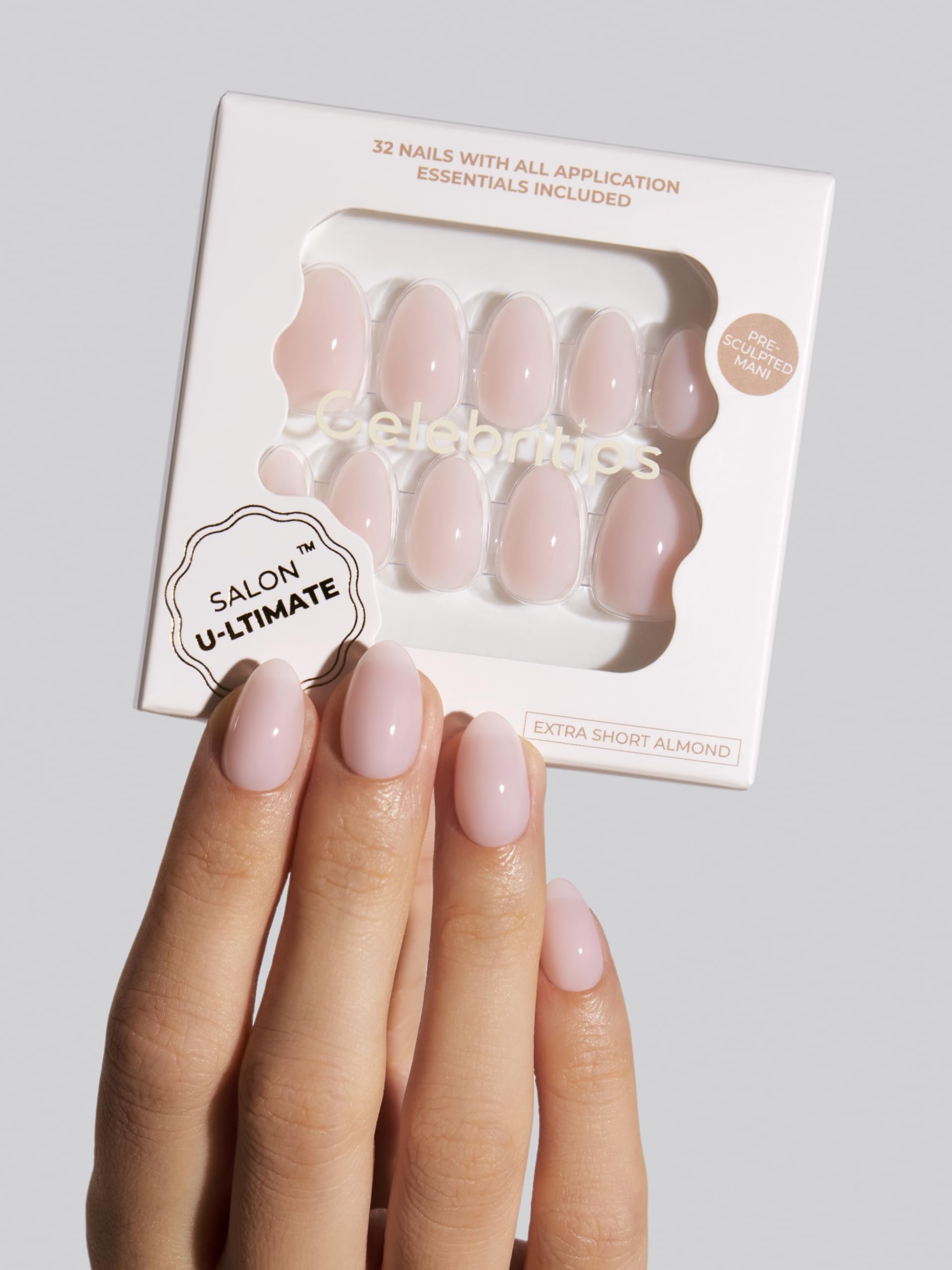 Celebritips Salon U-ltimate luxury acrylic close-up highlights reusable nail-safety design.